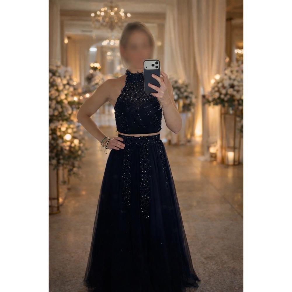 Halter-Neck Two-Piece Evening Gown Lace Appliqués and Floral Beading Detail Sz 1